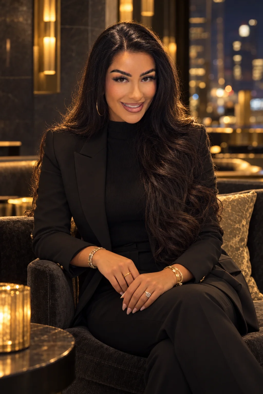 Natalia in black evening tailoring wearing jewellery in a warmly lit lounge