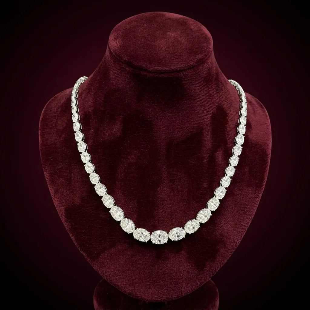 Graduated oval lab-grown diamond necklace on a burgundy velvet bust