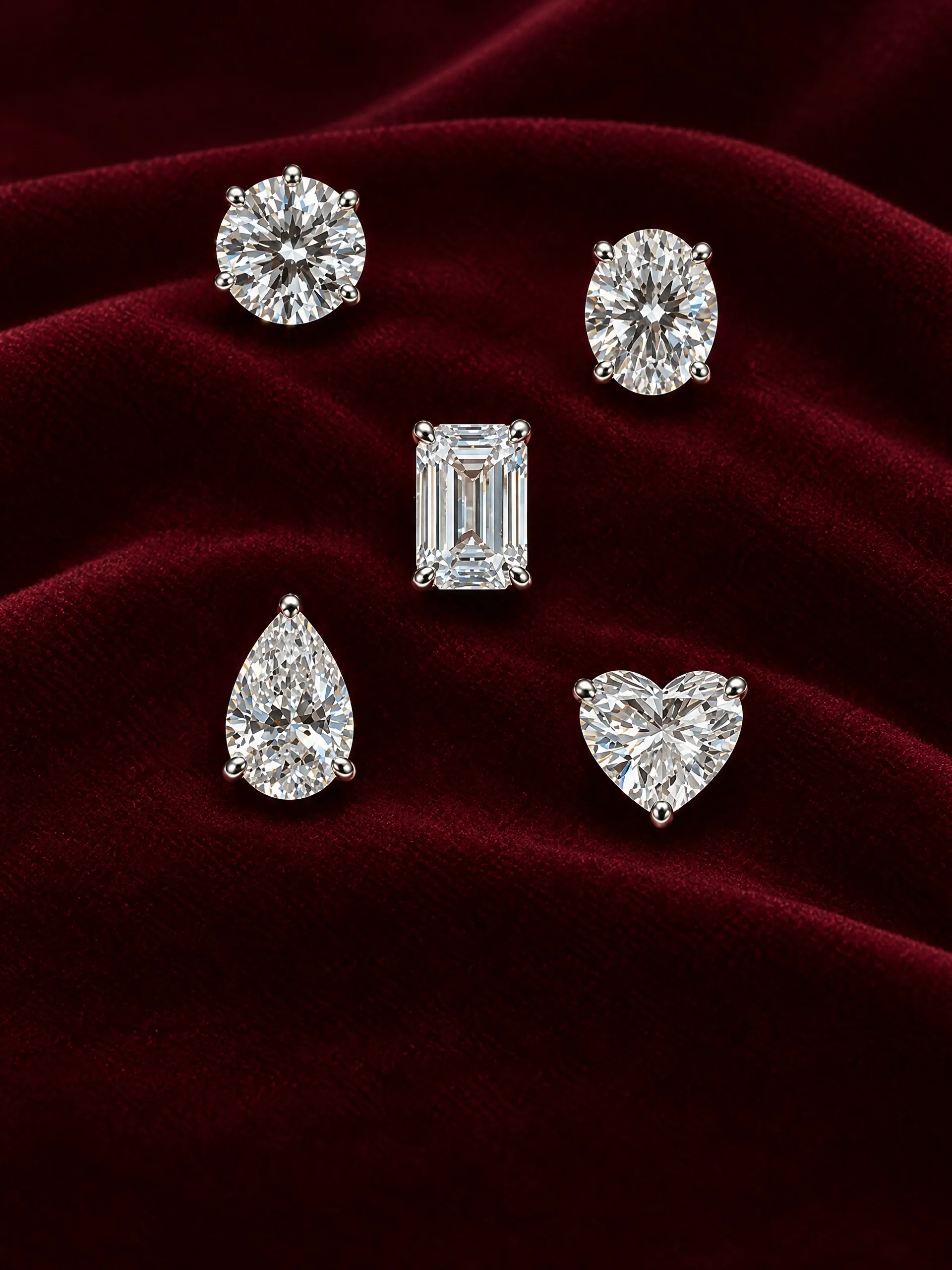 Diamond studs in several shapes on burgundy velvet