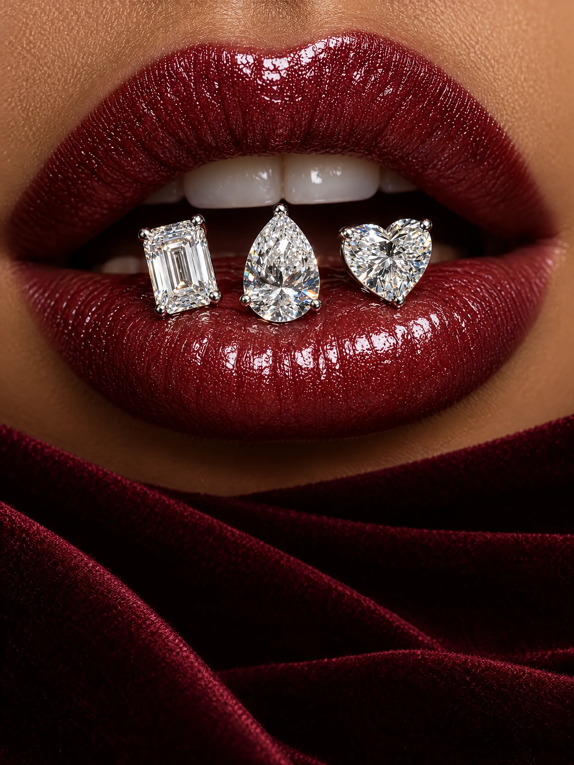 Lips holding emerald-cut, pear and heart diamonds